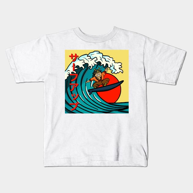 The Surfing Samuri, Inspired by Japanese Wave Art Yellow Background Kids T-Shirt by Art from the Machine